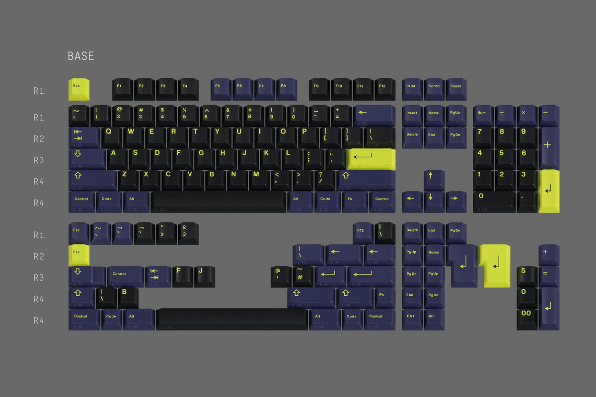 GMK Night Runner R2 Base kit showing the exact near-black alphas, violet modifiers and yellow-green legends and accents